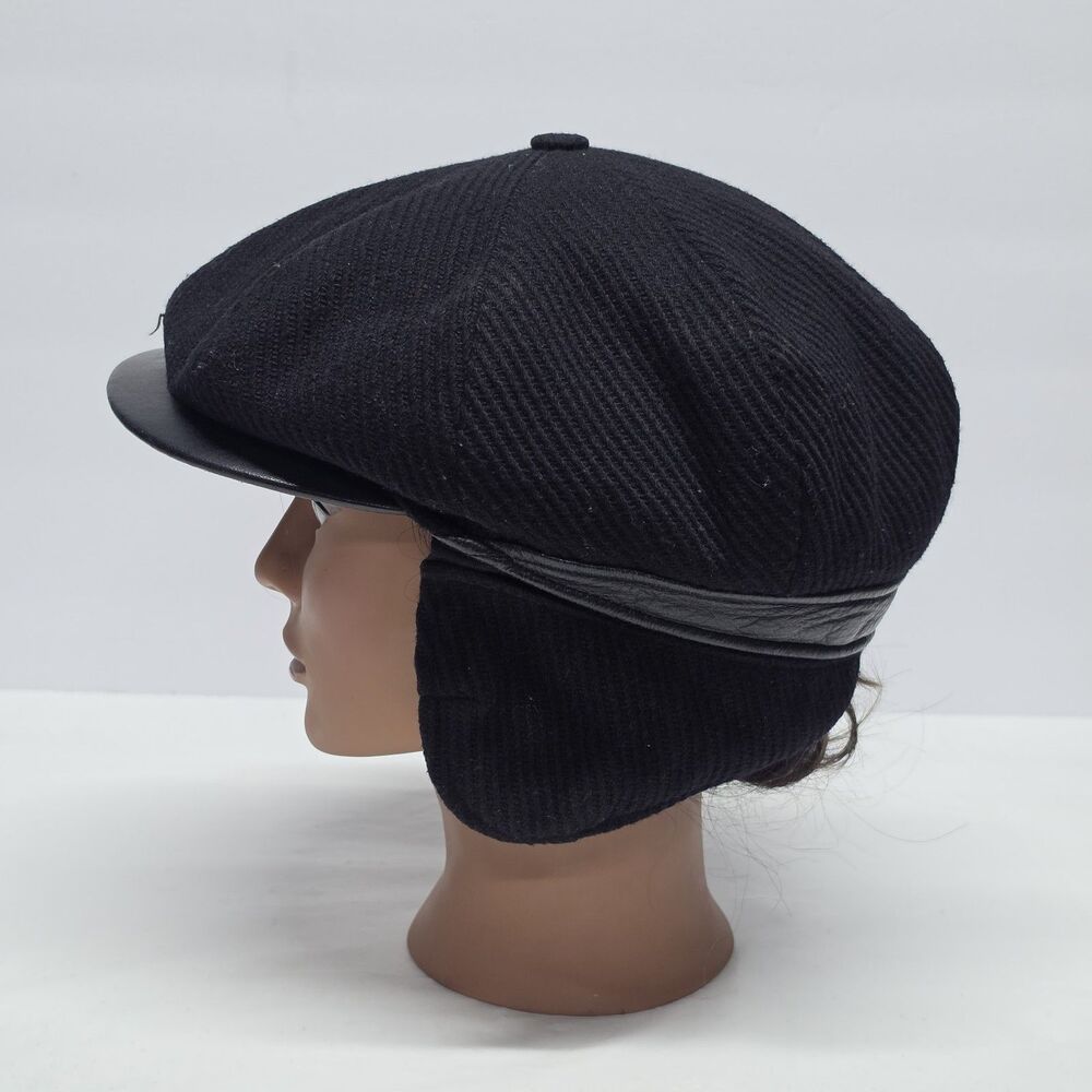 Wigens Wool Blend Flat Newsboy black Hat Ear Flaps Mens Size 60 US 7-1/2 #9008P